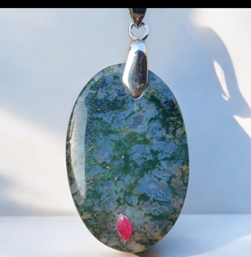 Ruby And Moss Agate Pendant Necklace